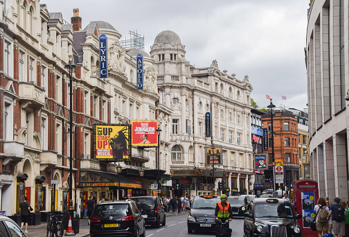 London, UK. August 3 2022: Theatres on Shaftesbury Avenue in London's West End, daytime view.