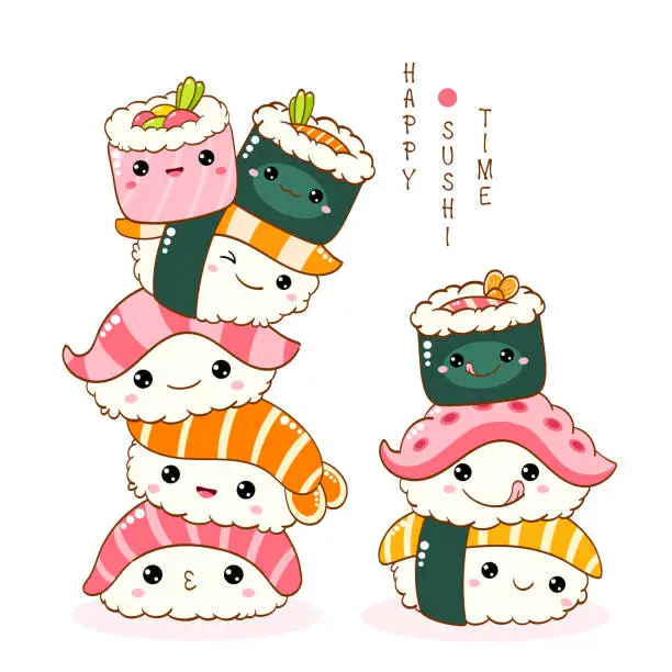 Vector illustration of Stack of cute sushi and rolls in kawaii style with smiling faces. Japanese traditional cuisine dishes