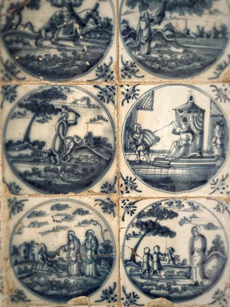 Close up of white And Blue old tiles