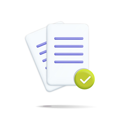 Approved or confirmed stack of paper sheets with green check mark symbol illustration. Task management check list, project plan, assignment, exam paper blank. 3d vector illustration isolated on white background.