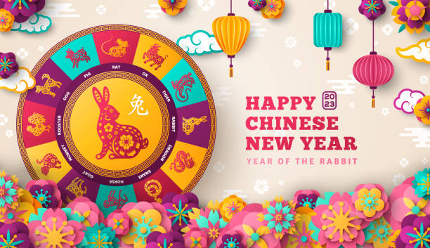 2023 New Year Paper Flowers Happy Chinese New Year 2023 Banner with Paper Flowers and Zodiac Circle. Vector illustration. Papercut Lantern on Light Background. Hieroglyph Translation: Rabbit. Place for text chinese zodiac sign stock illustrations