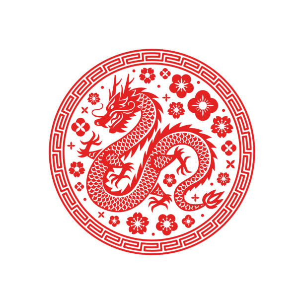 Chinese Dragon circle emblem red Chinese Dragon circle emblem red silhouette icon isolated on white background. Vector illustration. China lunar calendar animal, 2024 New year. Asian style tattoo template, floral spring pattern frame outline silhouette stock illustrations