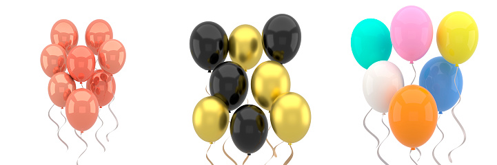 Set Colorful balloons flying for Birthday party and celebrations . 3D render for birthday, party, banners.