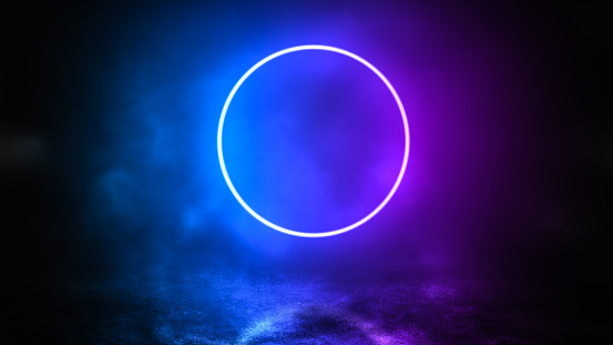 Vibrant neon circle portal hanging in the air above the concrete floor with smoke, bright multicolored mystical background, cosmic style, cyberpunk design, 3d rendering