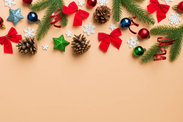 istock Christmas background with fir branches and Christmas decor. Top view, copy space for text 1412926677