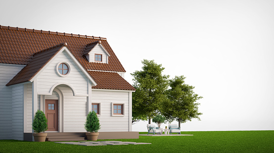 House on lawn with trees on white background.3d rendering