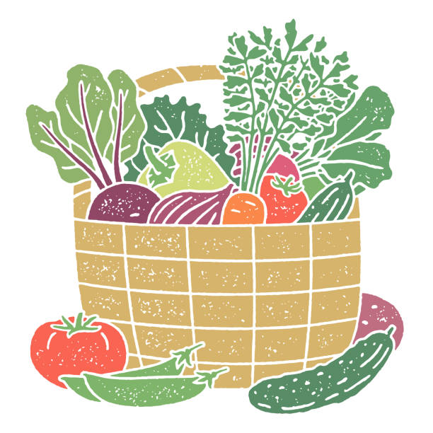 ilustraciones, imágenes clip art, dibujos animados e iconos de stock de productos locales en una cesta con asa - radish vegetable farmers market gardening