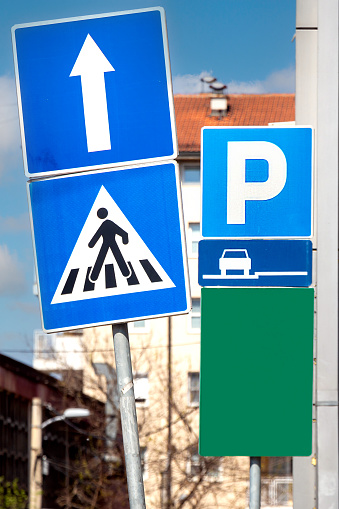 Transportation traffic signs outside on urban street