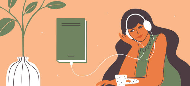 koncepcja ilustracji wektorowej audio z młodą kobietą w słuchawkach słuchającą audiobooka - internet house book home interior stock illustrations