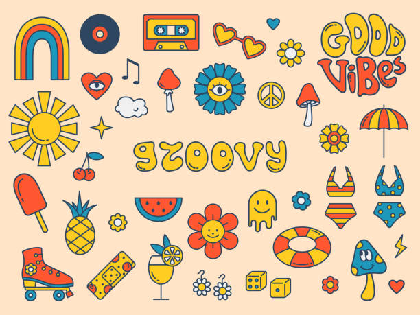 Groovy summer set. Retro 70s hippie stickers. Good vibes. Groovy colorful stickers with cassette, roller skate, hearts, flowers, mushrooms. Groovy summer set. Retro 70s hippie stickers. Good vibes. Groovy colorful stickers with cassette, roller skate, hearts, flowers, mushrooms. social awareness symbol audio stock illustrations