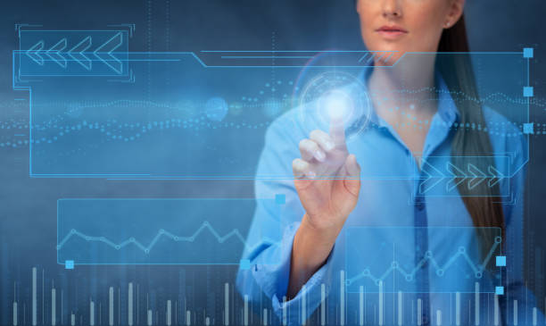 istock Young woman touching a virtual screen. Business technology 1412930250