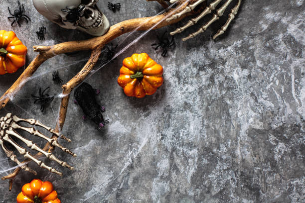 istock Dark scary Halloween background with pumpkins, skeleton arms, skull, tree branch with web, spiders, rat on stone table. Flat lay, top view, overhead. 1412930378