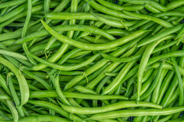 textura fresca de vainas de frijol verde. de cerca, vista superior - green bean fotografías e imágenes de stock