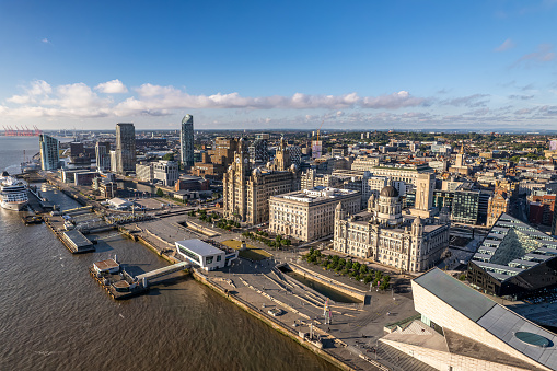 Liverpool, UK- July 09, 2022: The drone aerial view of the city of Liverpool in England, United Kingdom.