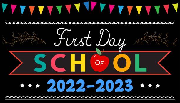 First Day of School 2022-2023 greeting card. Back to school concept. Text, red apple on black school board with colorful garland. Back to school concept. teacher borders stock illustrations