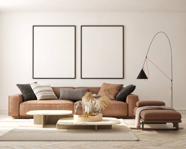 istock mock up poster frame in modern interior background, living room, Scandinavian style, 3D render, 3D illustration 1412936965