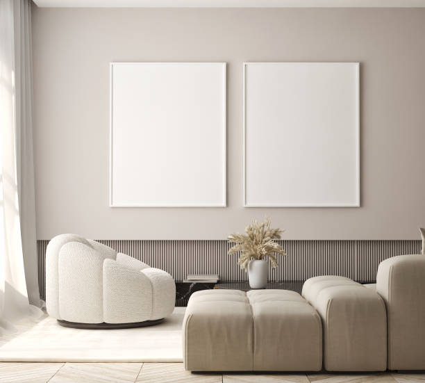 istock mock up poster frame in modern interior background, living room, Scandinavian style, 3D render, 3D illustration 1412936966