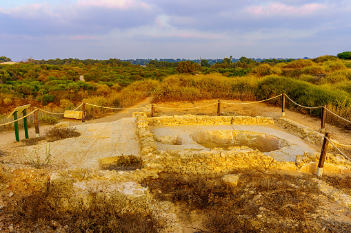 View on an ancient wine press, with a mosaic floor, in Apollonia National Park, Herzliya, central Israel