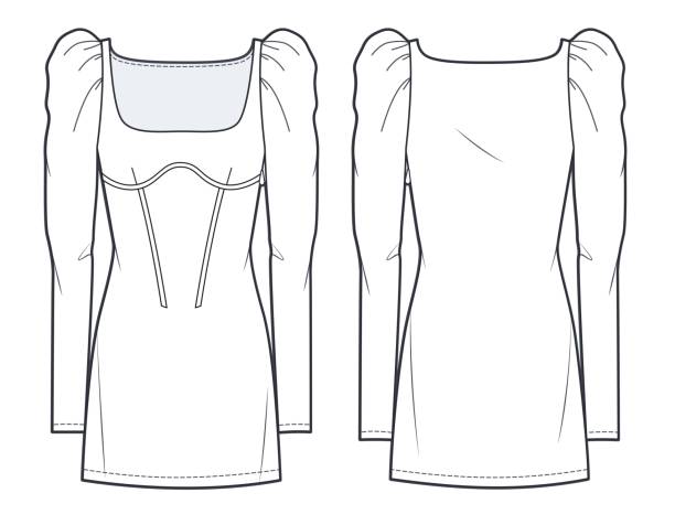 damen minikleid mode flache technische zeichnungsvorlage.  minikleid mit korsettmode flache illustration, puffärmel, seitlicher reißverschluss nach oben, quadratischer ausschnitt, vorder- und rückansicht, weiß, cad-modell. - puffed sleeve stock-grafiken, -clipart, -cartoons und -symbole