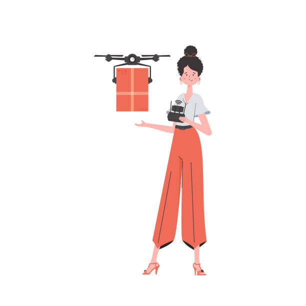 illustrazioni stock, clip art, cartoni animati e icone di tendenza di il concetto di consegna del carico per via aerea. una donna controlla un drone con un pacco. isolato su sfondo bianco. design moderno piatto. vettore. - helicopter air vehicle business cargo container