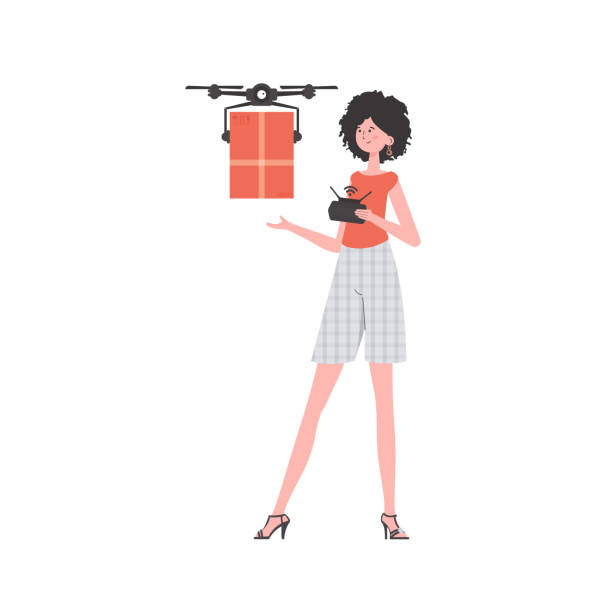 ilustrações, clipart, desenhos animados e ícones de o conceito de entrega de carga por via aérea. uma mulher controla um drone com um pacote. isolado no fundo branco. ilustração vetorial. - helicopter air vehicle business cargo container