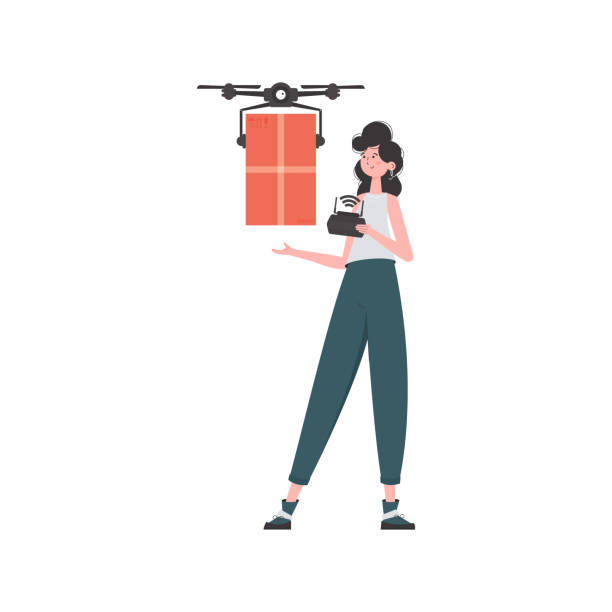 ilustrações, clipart, desenhos animados e ícones de o conceito de entrega de carga por via aérea. uma mulher controla um drone com um pacote. isolado. estilo da moda. ilustração vetorial. - helicopter air vehicle business cargo container