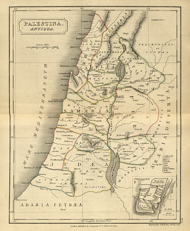 Vintage illustration of Antique map of Ancient Palestine, with detail of Jerusalem,  Atlas of Ancient Geography. By Samuel Butler