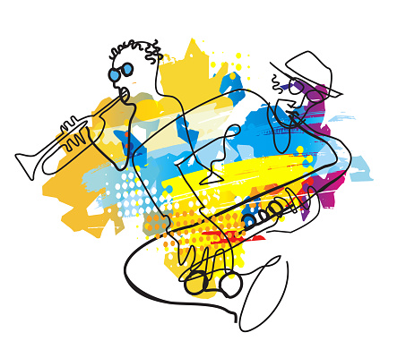 Jazz theme,expressive drawing, trumpet player and saxophonist.
