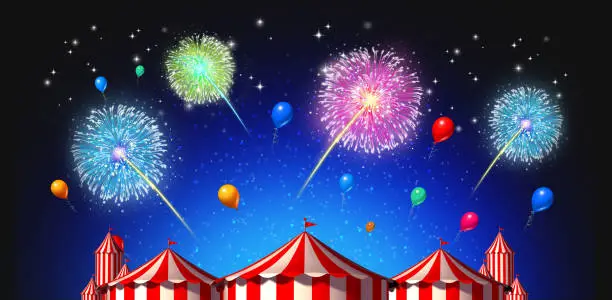 Circus night big top tent event party with  fireworks as an evening partying celebration festival as a 3D illustration.
