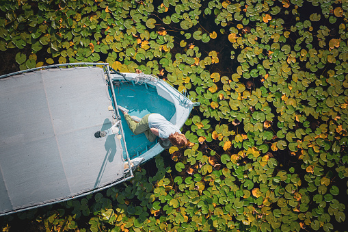Aerial view of female tourist taking a trip among lotus flowers