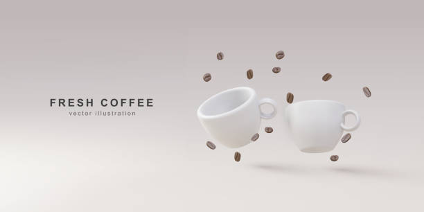 istock 3d banner with realistic two paper coffee cups and coffee beans. Vector illustration. 1412944464