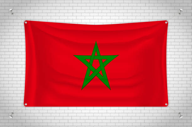 Morocco flag hanging on brick wall. 3D drawing. Flag attached to the wall. Neatly drawing in groups on separate layers for easy editing. moroccan flag pictures stock illustrations
