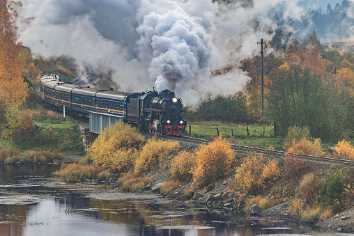 Retro steam train at autumn cloudy morning.