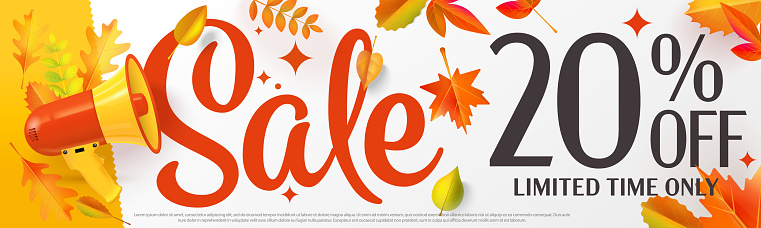 Sale up to 20 percent off special offer autumn banner. Autumnal discount promotion. Limited time price clearance announcement. Vector illustration design with falling leaves and megaphone