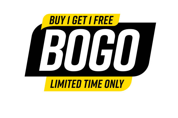 Buy one, get one free BOGO advertisement sticker Buy one, get one free BOGO advertisement sticker. Limited time only price reduction offer label design. Sale event tag template vector illustration toll free stock illustrations