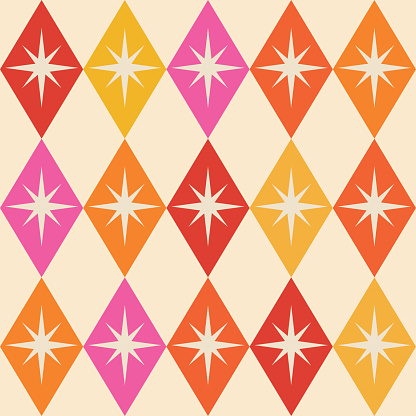 Mid century atomic starbursts over diamond argyle shapes in pink, orange, yellow and red. For textile, fabric, home décor and wallpaper