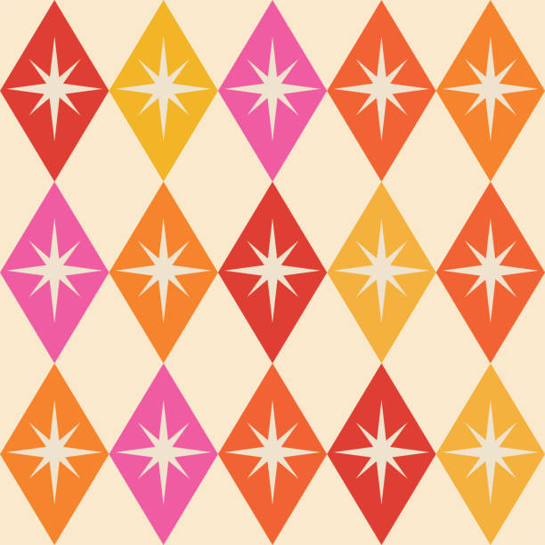 Mid century atomic starbursts over diamond argyle shapes Mid century atomic starbursts over diamond argyle shapes in pink, orange, yellow and red. For textile, fabric, home décor and wallpaper starburst galaxy stock illustrations