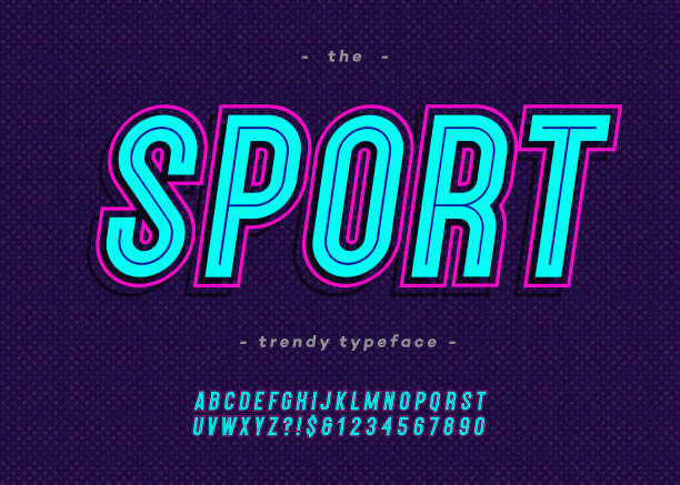 Vector bold neon sport alphabet modern typography sans serif style Vector bold neon sport alphabet modern typography sans serif style for t shirt, racing, game, promotion, poster, decoration, sale banner, printing on fabric. Cool font. Trendy typeface. 10 eps sans font stock illustrations