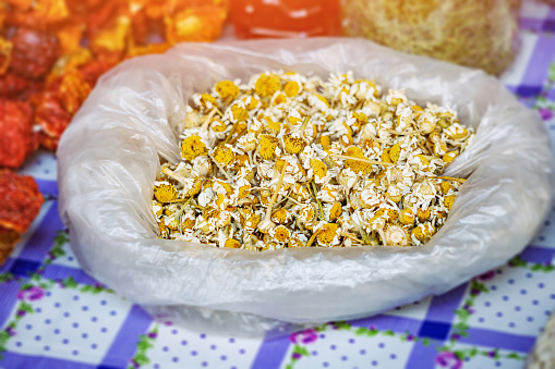 Dried chamomile for sale at local tea market