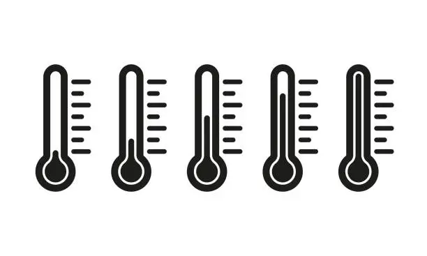 Vector illustration of Thermometers set icon. Temperature, climate control, weather conditions, cold, warm, disease, illness, healthcare, scan, degree, celsius, fahrenheit, kelvin. Measurement concept. Vector line icon