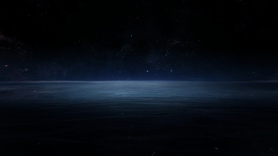 Fantasy night ocean landscape, starry sky with interstellar space. Fog and light reflection on calm sea in dark seascape. Concept 3D illustration of the horizon on a sci-fi water planet and star field.