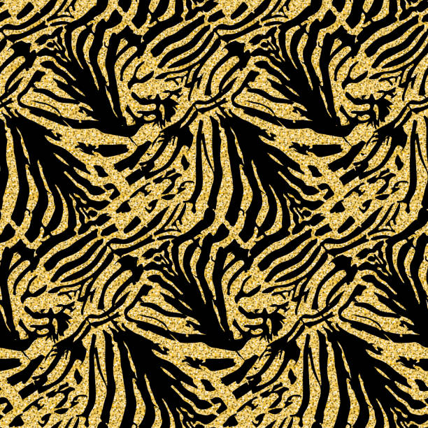 istock Golden zebra skin, animalistic seamless pattern black gold shimmer shiny zebrano background for design 1412954713
