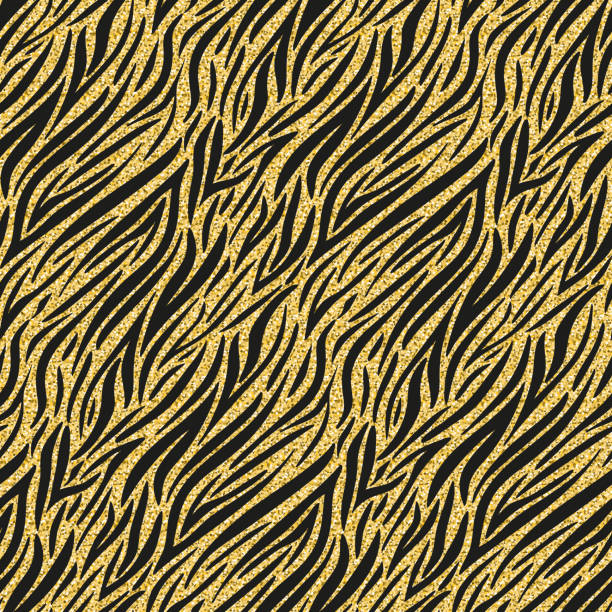 istock Gold zebra skin imitation, animalistic seamless pattern black gold shimmer shiny wild background for design 1412954734