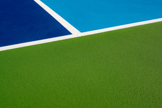 Example image of a newly surfaced, empty pickleball court with multi-color surface and white lines.