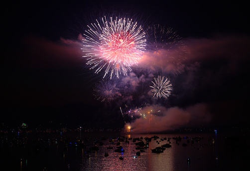 Summer fireworks display over English Bay, Vancouver, BC.
