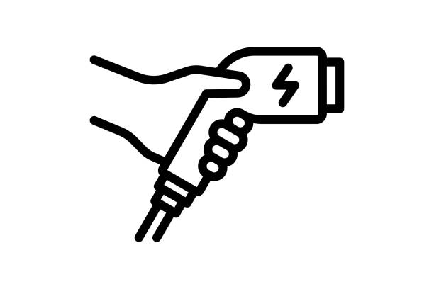 Hand holding electric charger connector linear black icon. Electrical transportation charging plug symbol. Eco friendly electro vehicle charge sign. Battery powered EV transport station logo Hand holding electric charger connector linear black icon. Electrical transportation charging plug symbol. Eco friendly electro vehicle charge sign. Eps battery powered EV transport station eps logo symbol fuel and power generation fossil fuel fuel pump stock illustrations