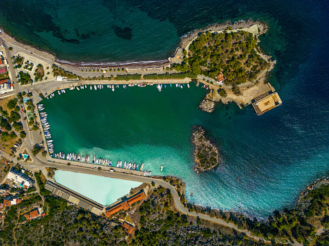 aerial panoramic photo of the Port of Methana, poros, in Argosaronikos, Peloponnese, Methana, Greece