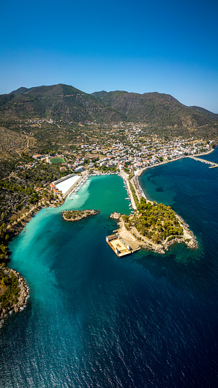 Panoramic view of the idyllic fishing village Loutraki, port of Glossa, at the Sporades island Skopelos, Greece