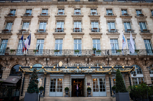 Picture of the Intercontinental sign on their hotel in Bordeaux, France. InterContinental Hotels & Resorts is a hotel brand founded in 1946  with currently 200 InterContinental hotels featuring over 68,000 rooms worldwide.