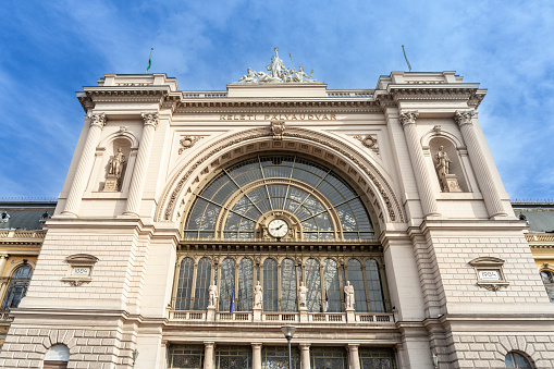 Picture of the main train station of budapest, Budapest Keleti, in a summer afternoon. Budapest Keleti (Eastern) station  (Keleti pályaudvar) is the main international and inter-city railway terminal in Budapest, Hungary.
